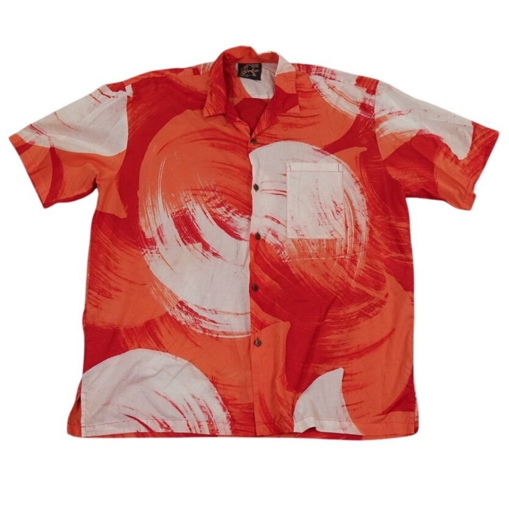 Caribelle Batik Shirt Men Large Red Orange Abstract Swirl Hawaiian St Kitt Nevis